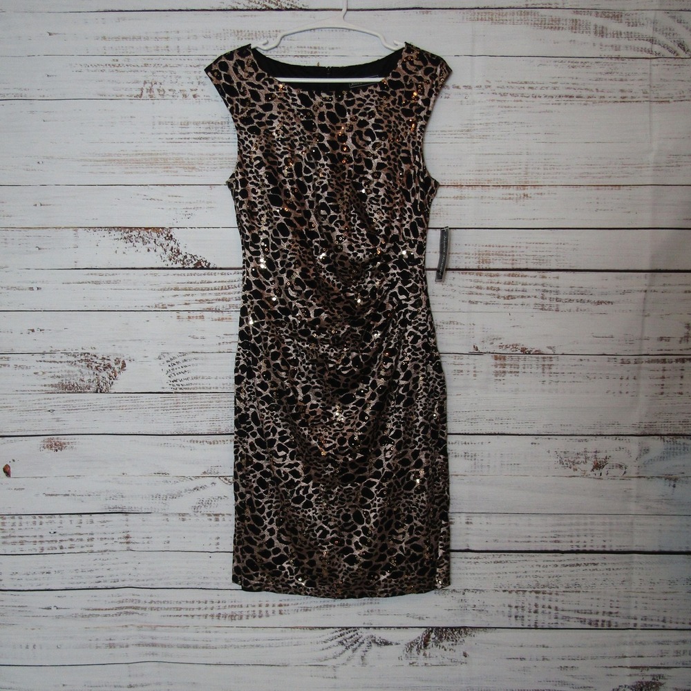 Jessica Howard Dress Womens 8 Black Gold Animal Print Ruched Sheath JH9M8435
